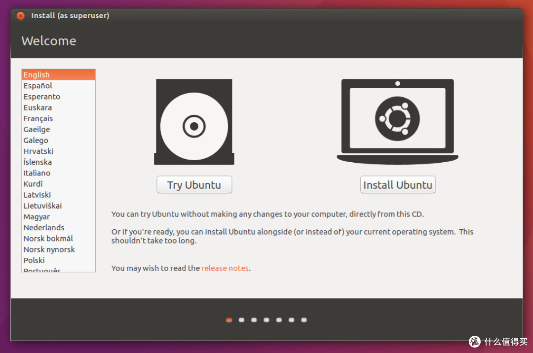 左侧的try ubuntu为试用，不安装，右侧是install ubuntu即安装