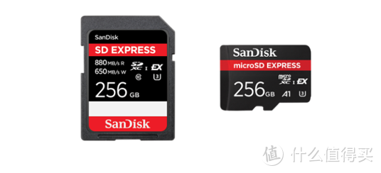 从左到右依次为闪迪SD Express 存储卡及闪迪移动microSD Express 存储卡