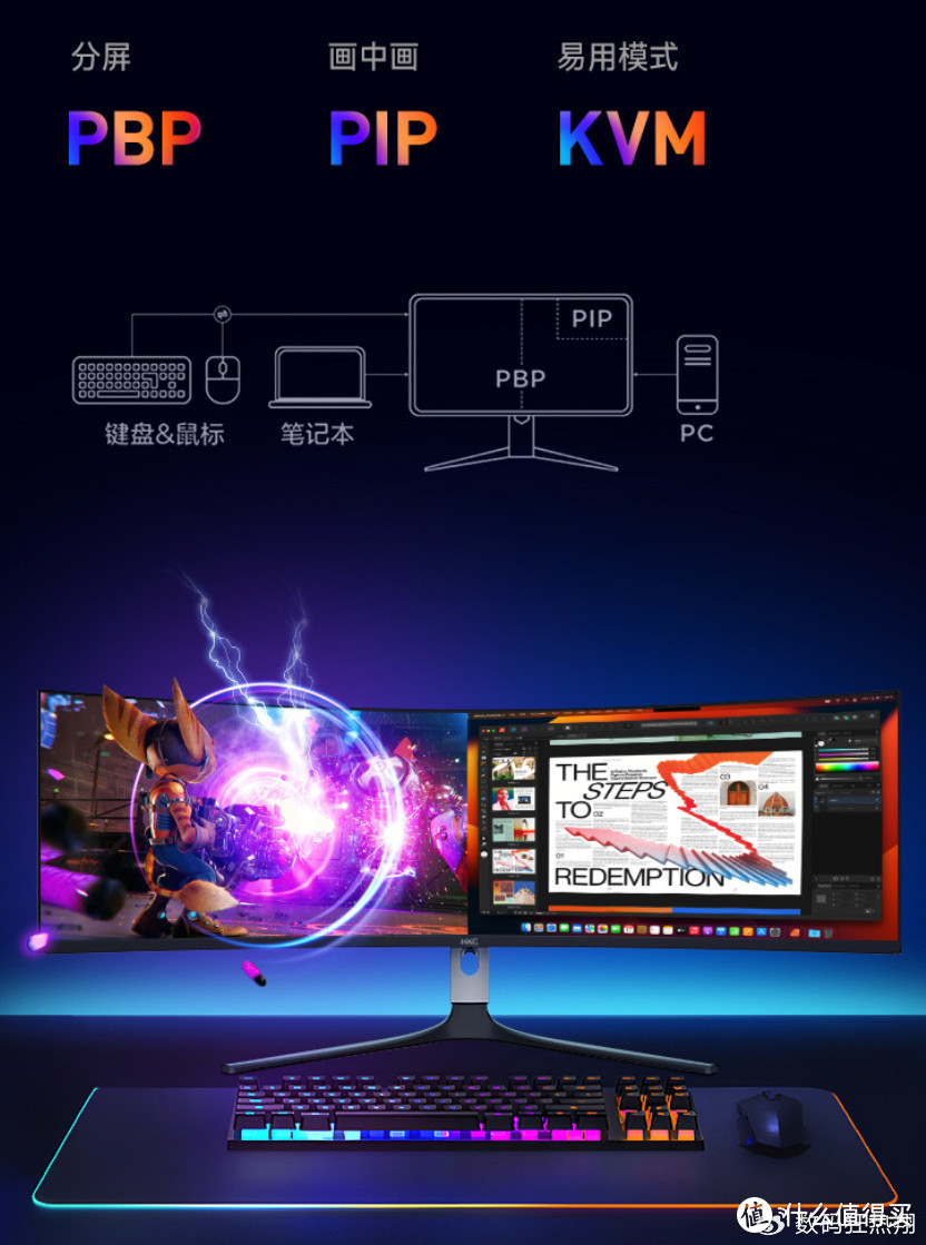 HKC天启系列QD-OLED电竞显示器GS49UK上线，超宽曲面震撼视界