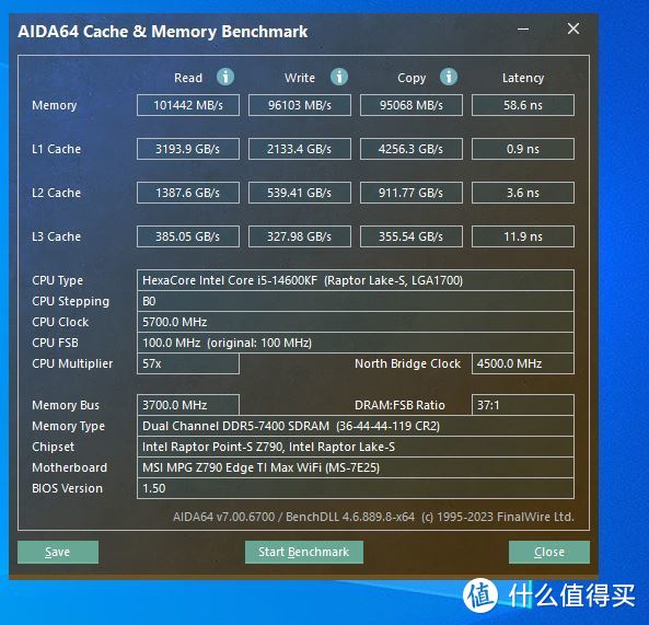 AIDA64内存缓存测试（全P核5.7G+7400MHz CL36）