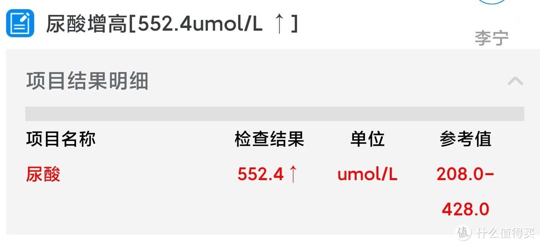 ▲这是我前段时间检查的尿酸值，这个数值比正常值高出了不少