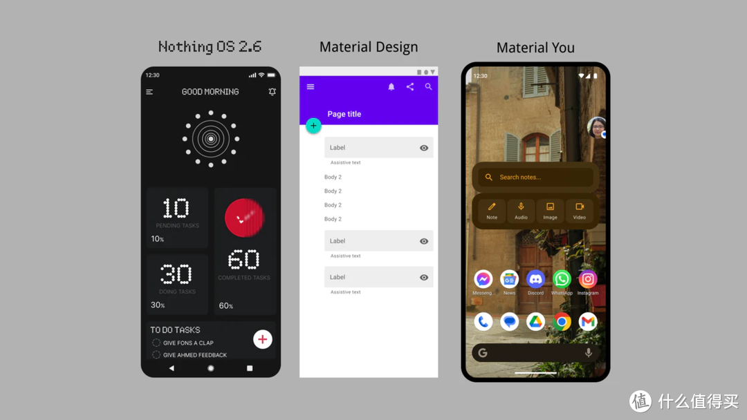 Nothing OS 与两个版本的 Material Design 的对比