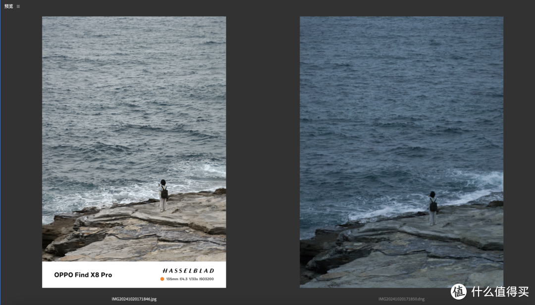 左：OPPO Find X8 Pro 直出样张；右：RAW照片原图
