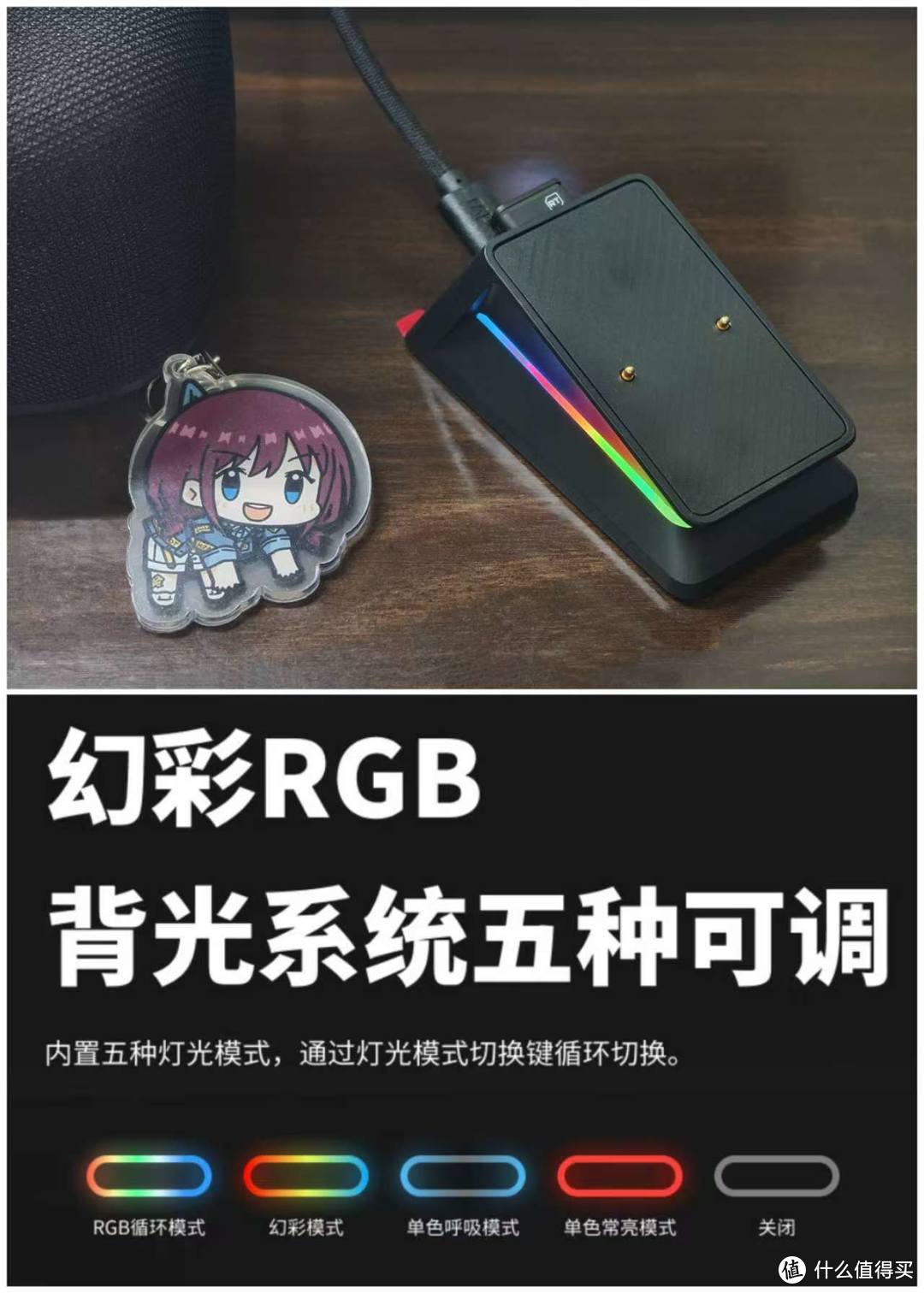 背后有个USB位，RGB元素支持五种灯光可调